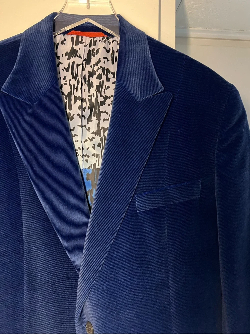Robert Graham Navy Blue Velvet Corduroy Blazer Printed Lining 44 R Detail Art EC